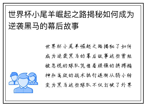 世界杯小尾羊崛起之路揭秘如何成为逆袭黑马的幕后故事 世界杯小尾羊崛起之路揭秘如何成为逆袭黑马的幕后故事